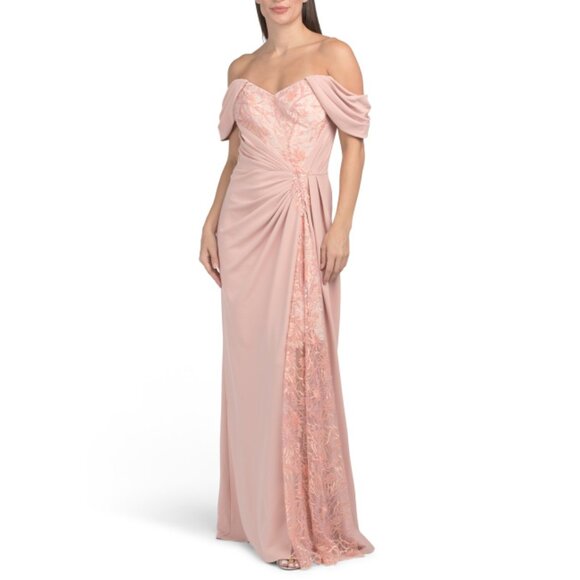 TADASHI SHOJI Pale Pink Pilat Draped Bead Embroidered Gown - Picture 1 of 2